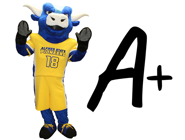 Big blue the ox mascot and an A+
