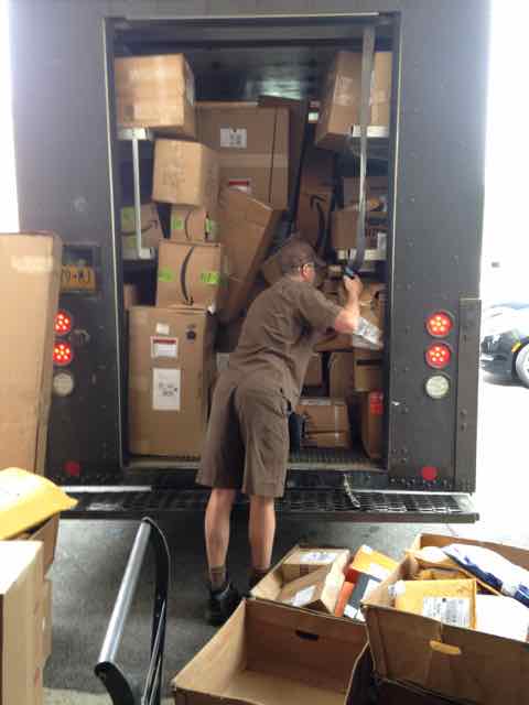 Picture of UPS truck loaded with hundreds of student packages