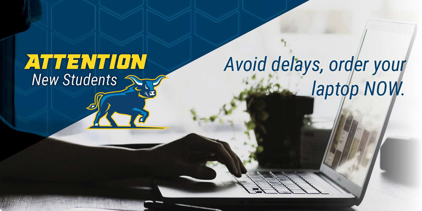 hand on a laptop , attention new students avoid delays order your laptop now